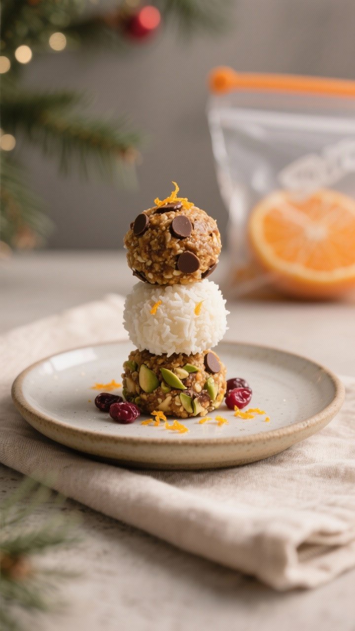 Final dish presentation: Restaurant-quality plate with an artful stack of three energy bites—one p