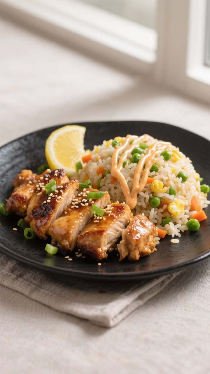 Final dish presentation: Restaurant-quality plate of hibachi chicken with fried rice, chicken arrang