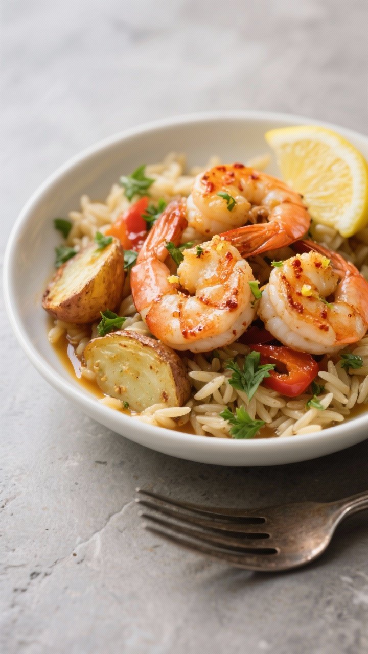 Final dish presentation: Restaurant-quality plated bowl of sheet pan shrimp served over herbed orzo,