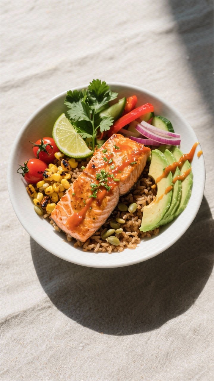 Final dish presentation: Restaurant-quality plated Baked Chili Lime Salmon Bowl shot top-down—perf
