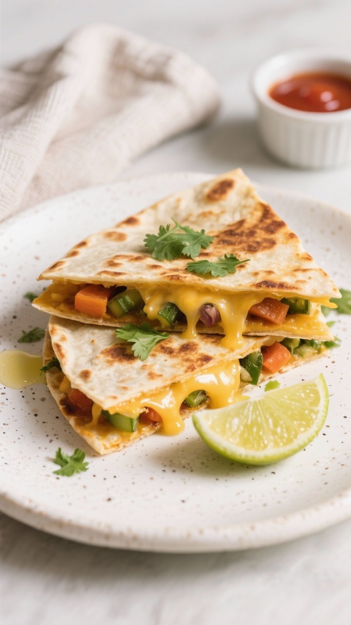 Final dish presentation: Restaurant-quality plated veggie grilled cheese quesadilla stack (two overl