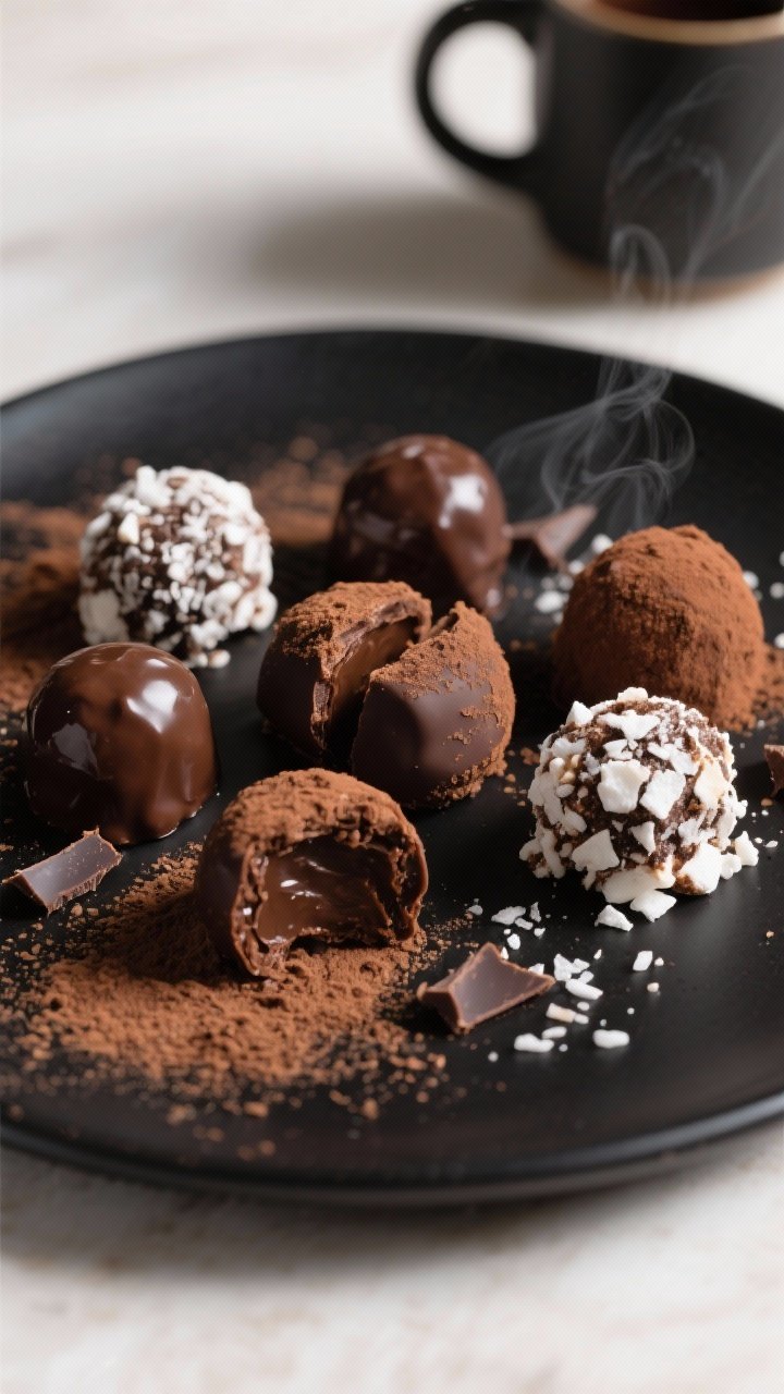 Final dish presentation: Restaurant-quality plated assortment of Hot Cocoa Protein Bites on a matte 