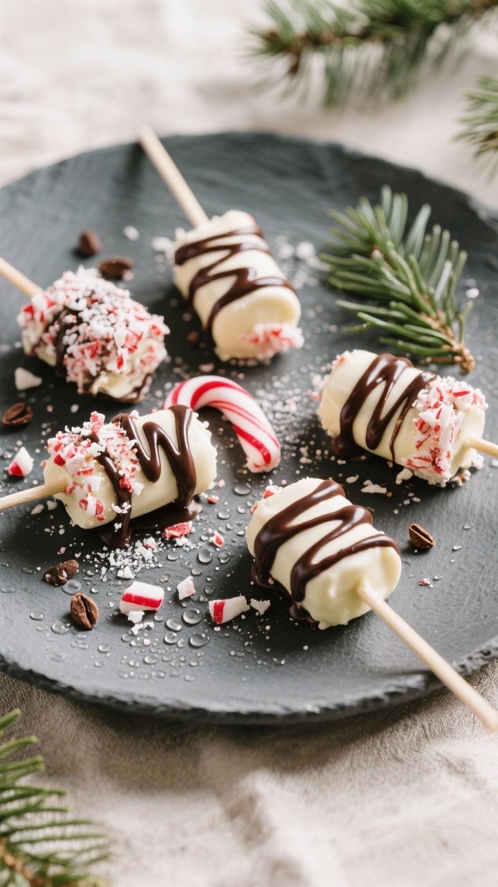 Final dish presentation: Restaurant-quality plated Candy Cane Protein Pops arranged on a matte slate