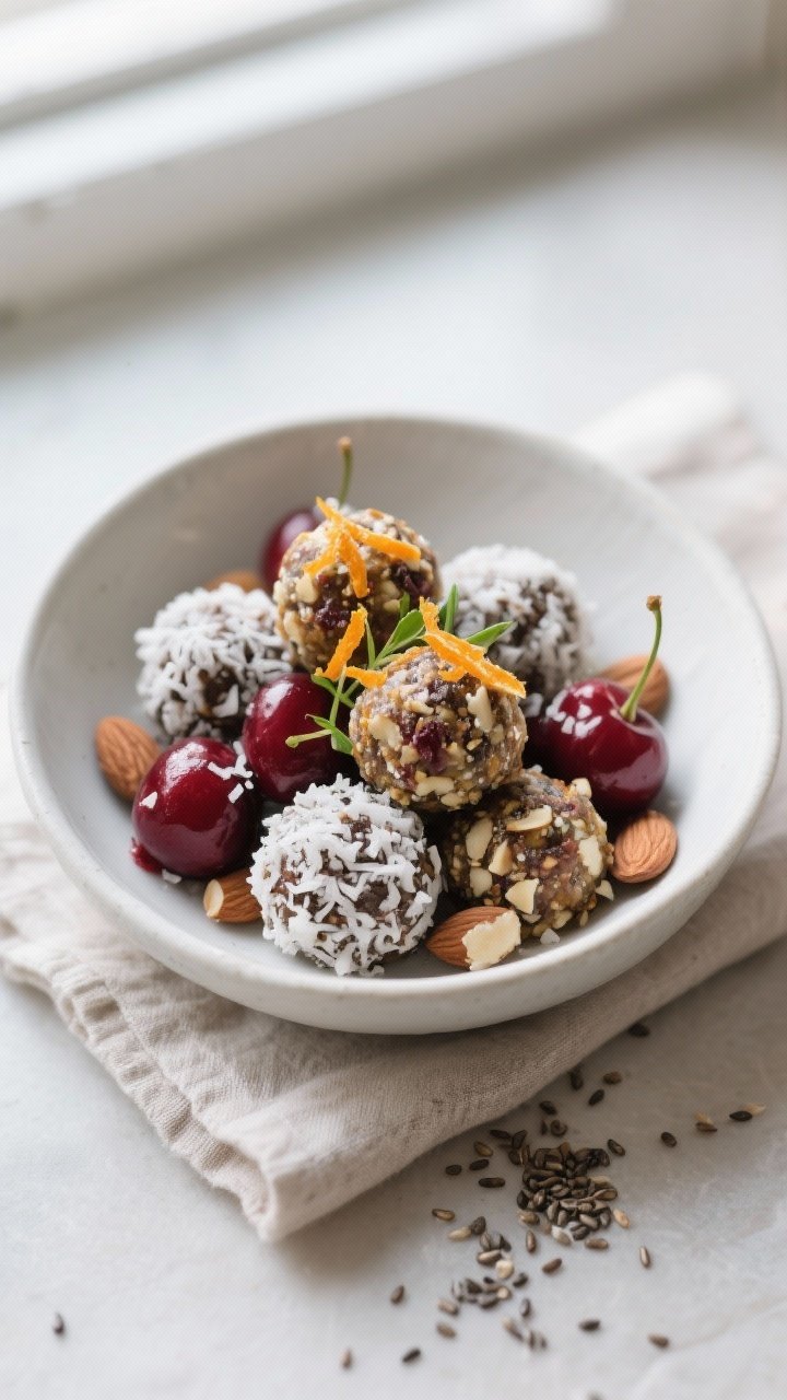 Final dish presentation: Restaurant-quality plating of Cherry Almond Energy Balls arranged in a low,