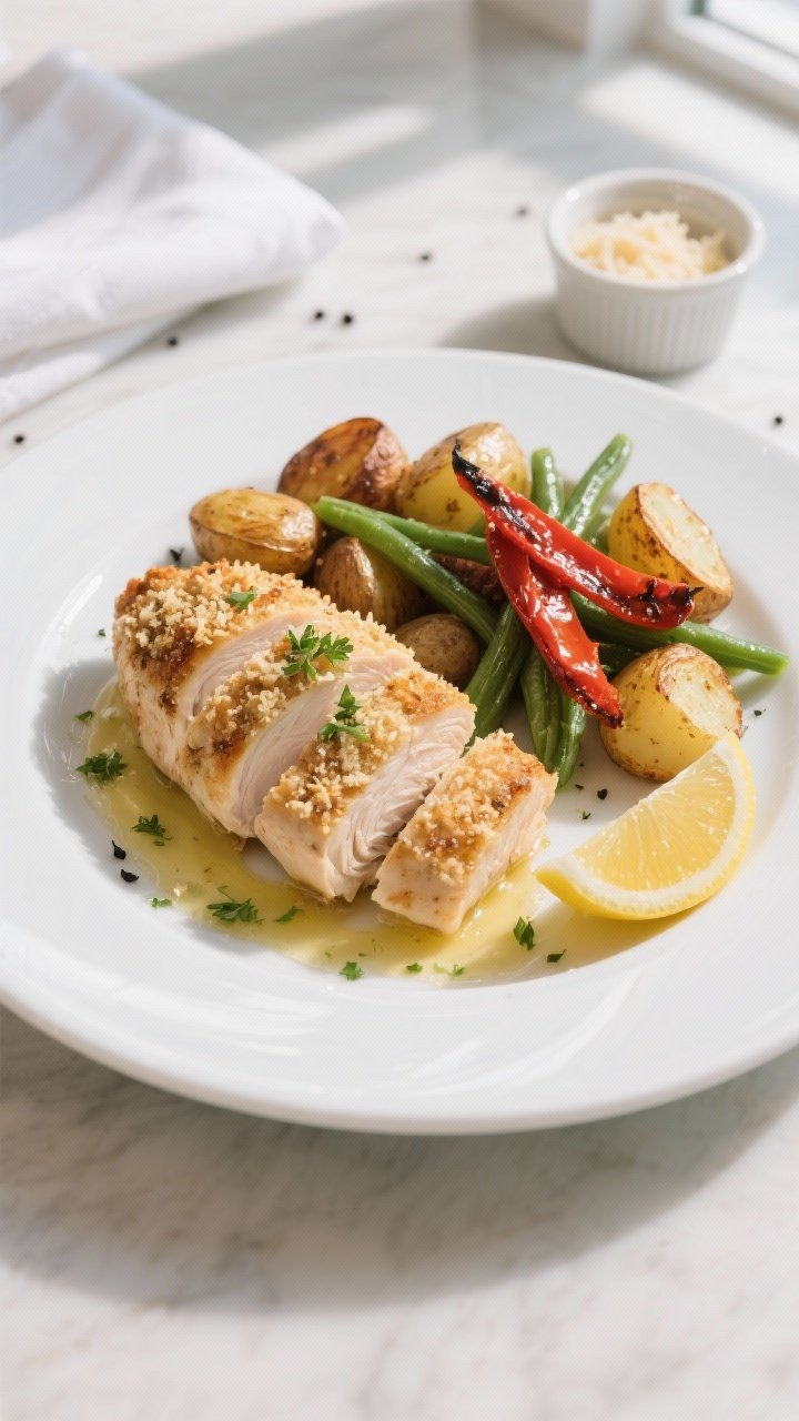 Final dish presentation: Restaurant-quality plating of one Parmesan-crusted chicken breast sliced on