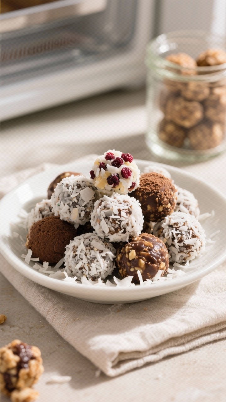 Final dish presentation: Restaurant-quality platter of Snowball Energy Bites piled in a shallow whit