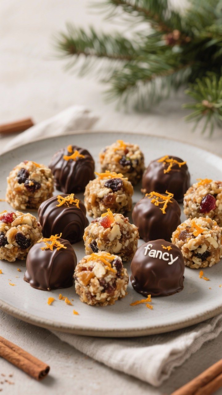 Final dish presentation: Restaurant-quality platter of assorted Fruitcake Energy Bites arranged in a