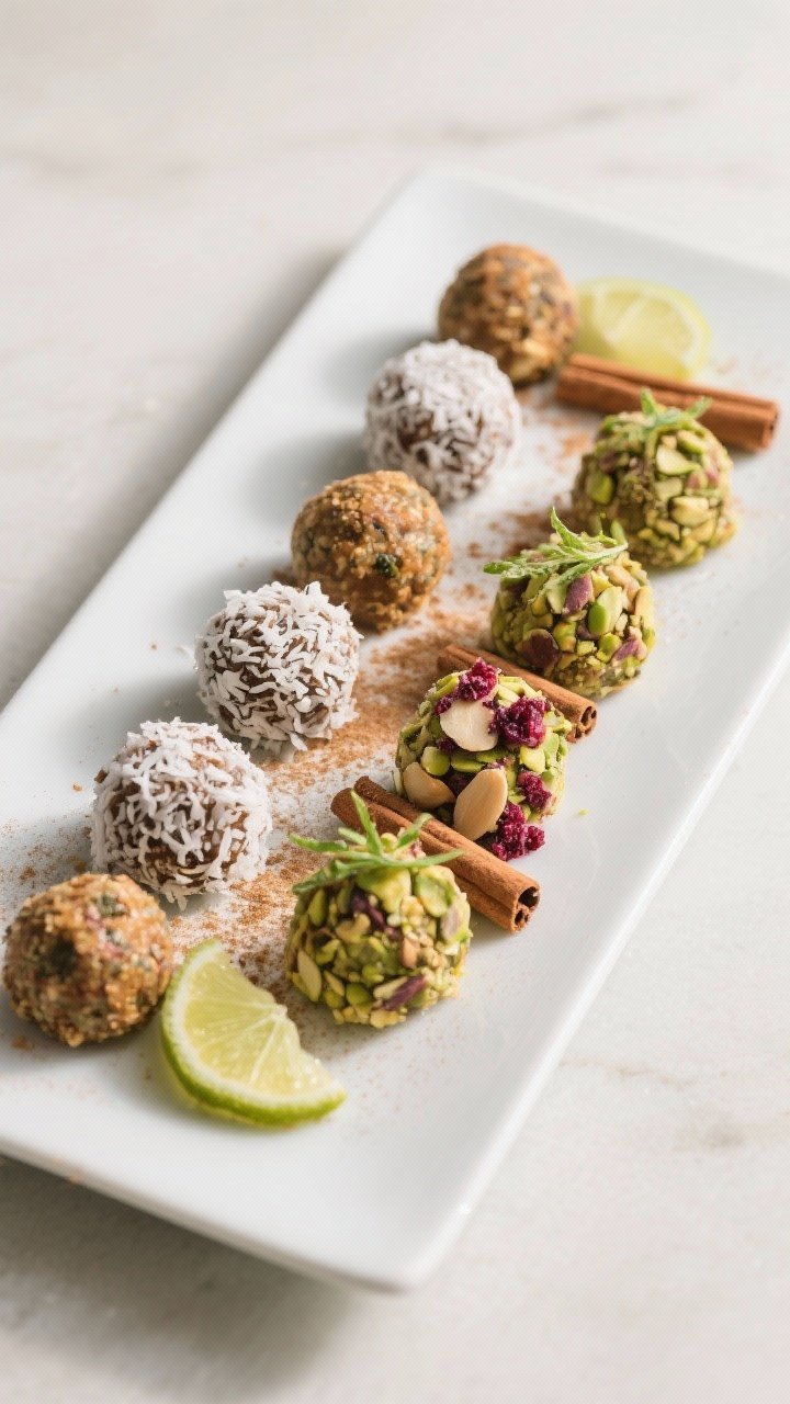 Final dish presentation: Restaurant-quality platter of finished Gut-Healthy Protein Bites arranged i