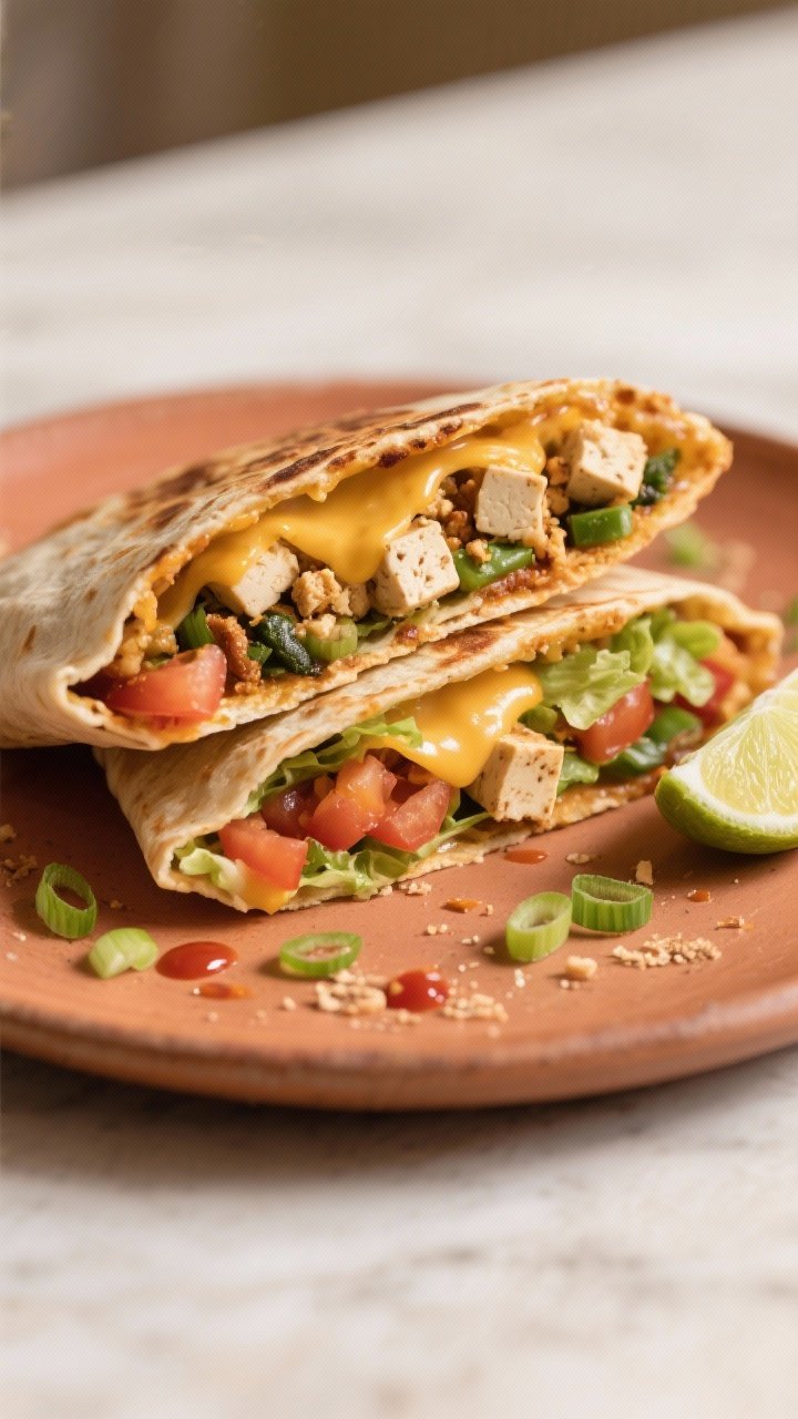 Final dish presentation: Sliced-in-half Vegetarian Crunchwrap Supreme stacked to reveal cross-sectio