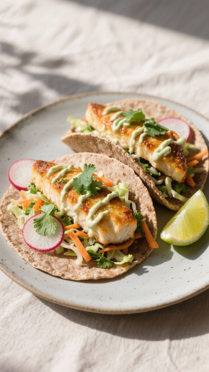 Final dish presentation: Two assembled baked fish tacos on warm whole-wheat tortillas, layered with 