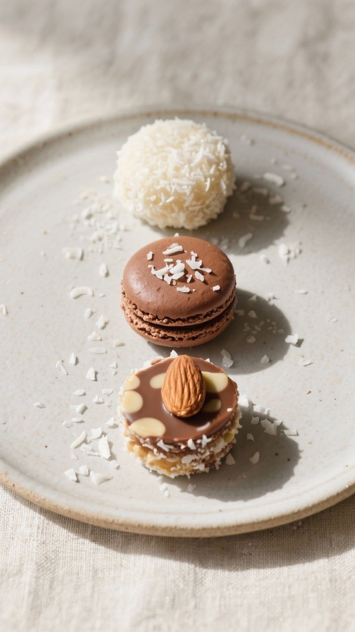 Final dish top view: An overhead shot of an elegant platter featuring three variations—classic coc
