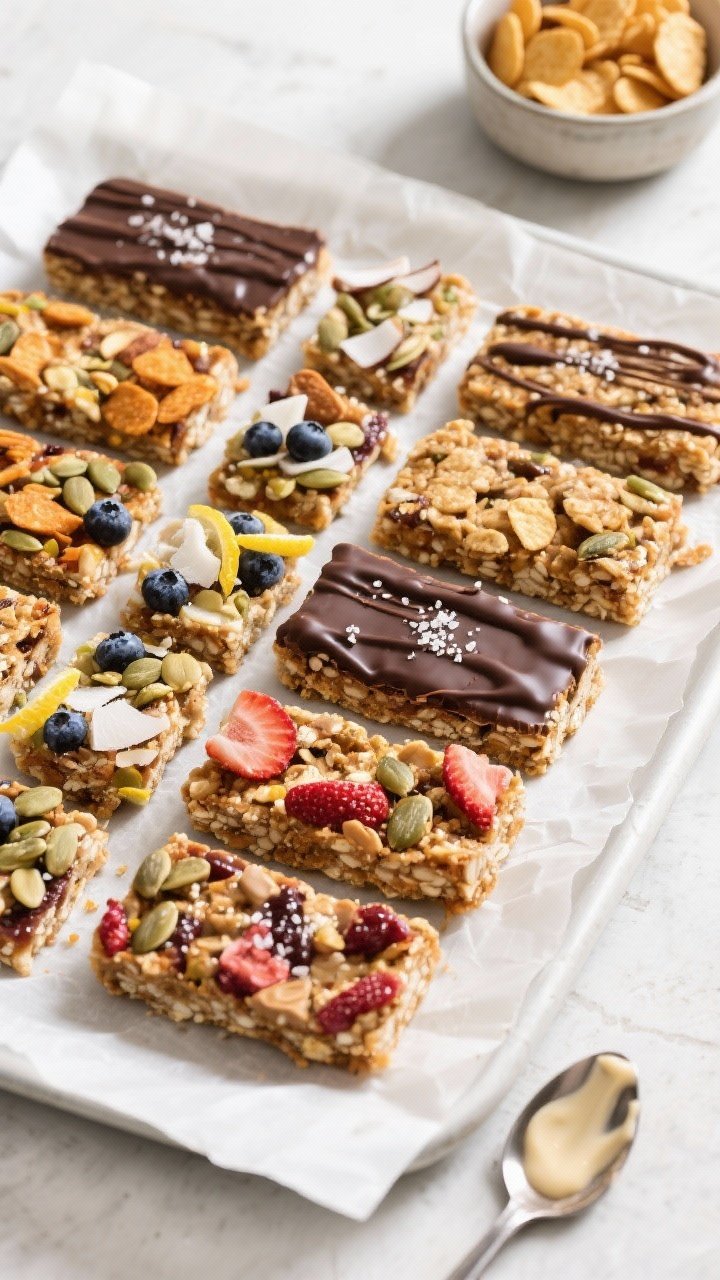 Final dish top view: Overhead platter of neatly cut energy bite bars arranged in a tight grid on a s