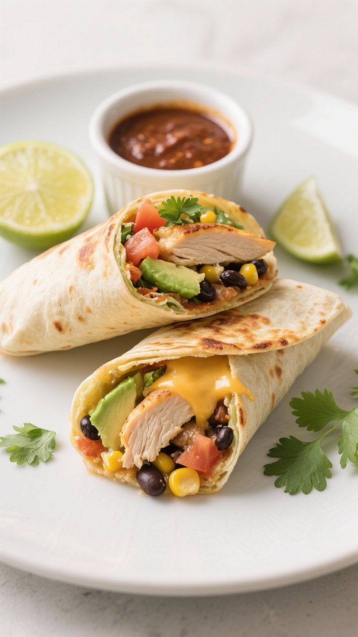 Final dish top view: Two finished Southwest Chicken Wraps cut on the bias, seam-seared golden and st