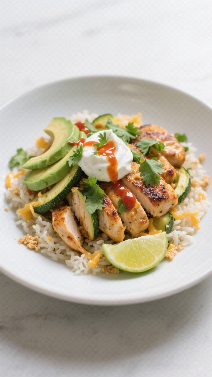 Final plated dish, bowl presentation: Beautifully plated Tex-Mex chicken and zucchini served in a wi