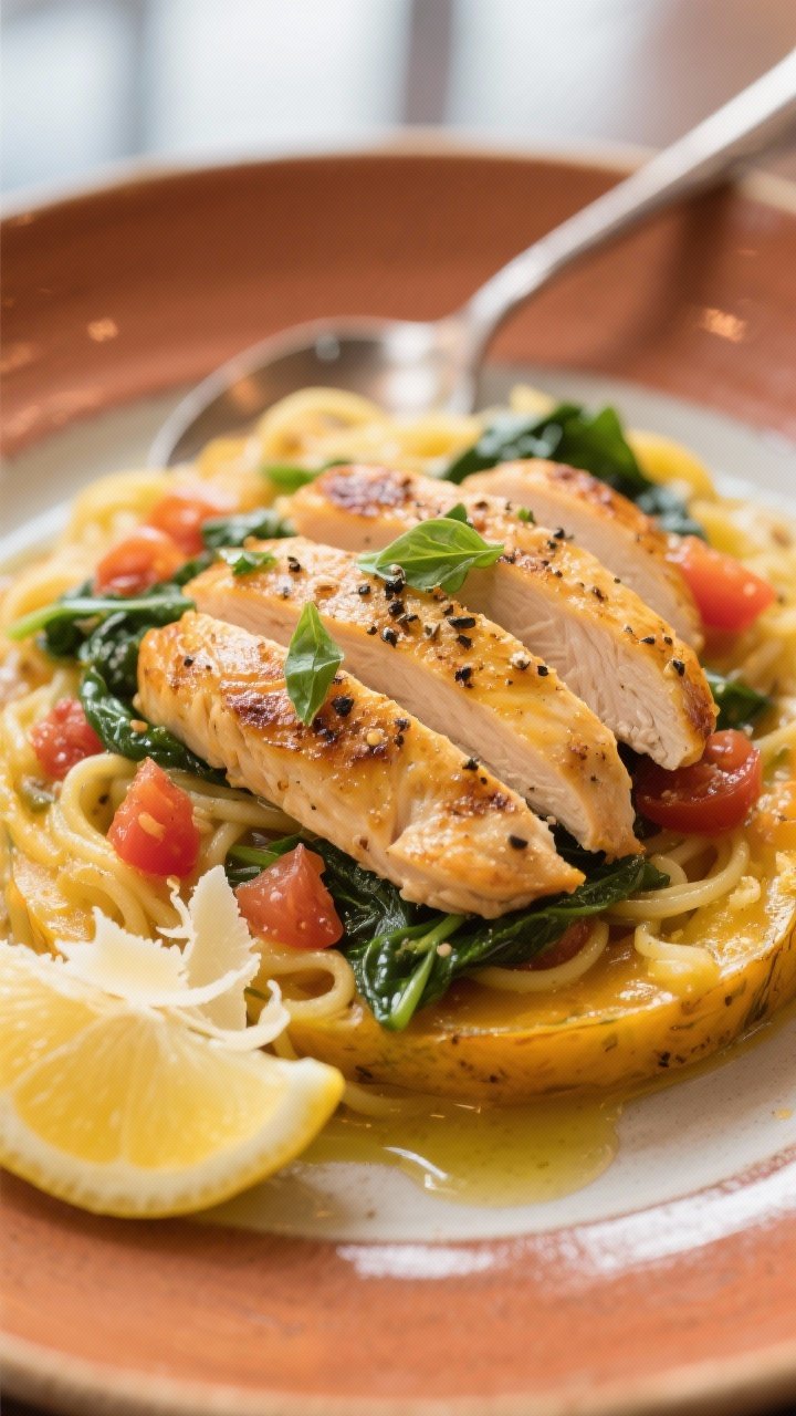 Final plated dish — restaurant presentation: Beautifully plated Tuscan Chicken and Spaghetti Squas