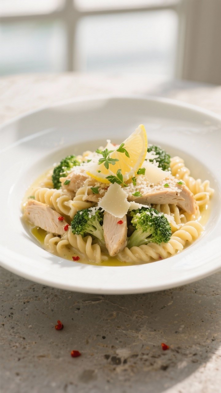 Final plated dish, restaurant-quality: Beautifully plated Chicken and Broccoli Pasta in a wide, shal
