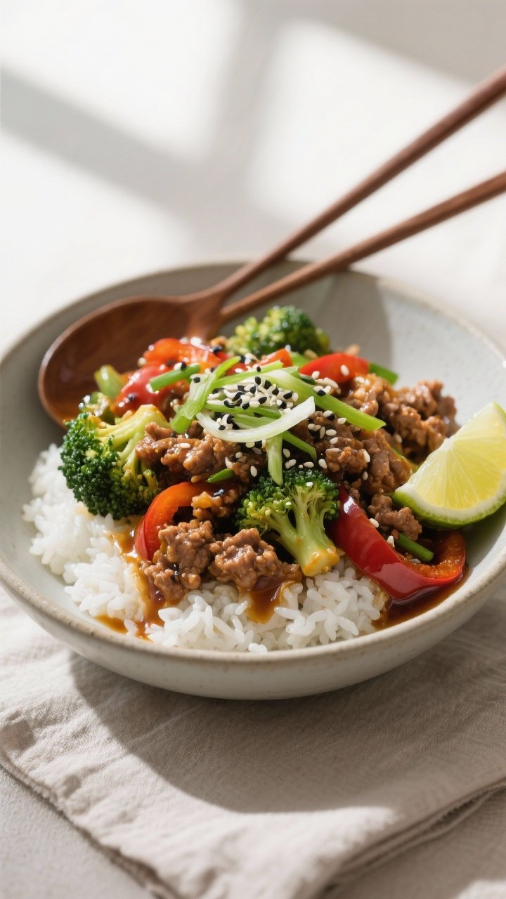 Final plated dish, restaurant-quality presentation: Ground Turkey Teriyaki Stir Fry spooned over flu