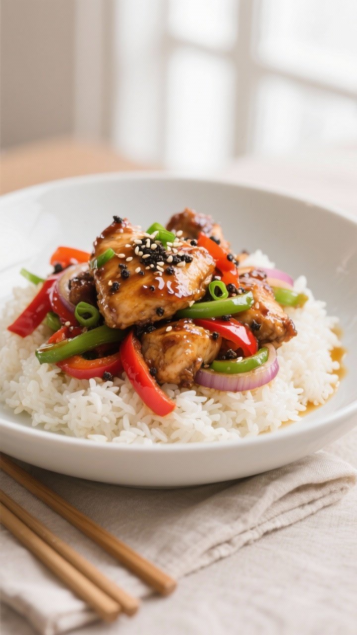 Final plated dish: Restaurant-quality presentation of Black Pepper Chicken piled over fluffy jasmine