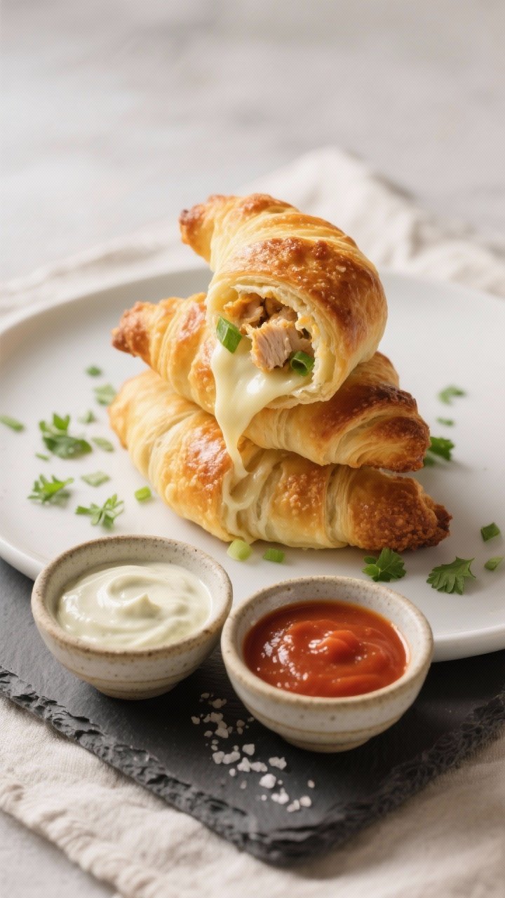 Final plated dish: Restaurant-quality presentation of golden, crispy chicken-and-cheese crescent rol