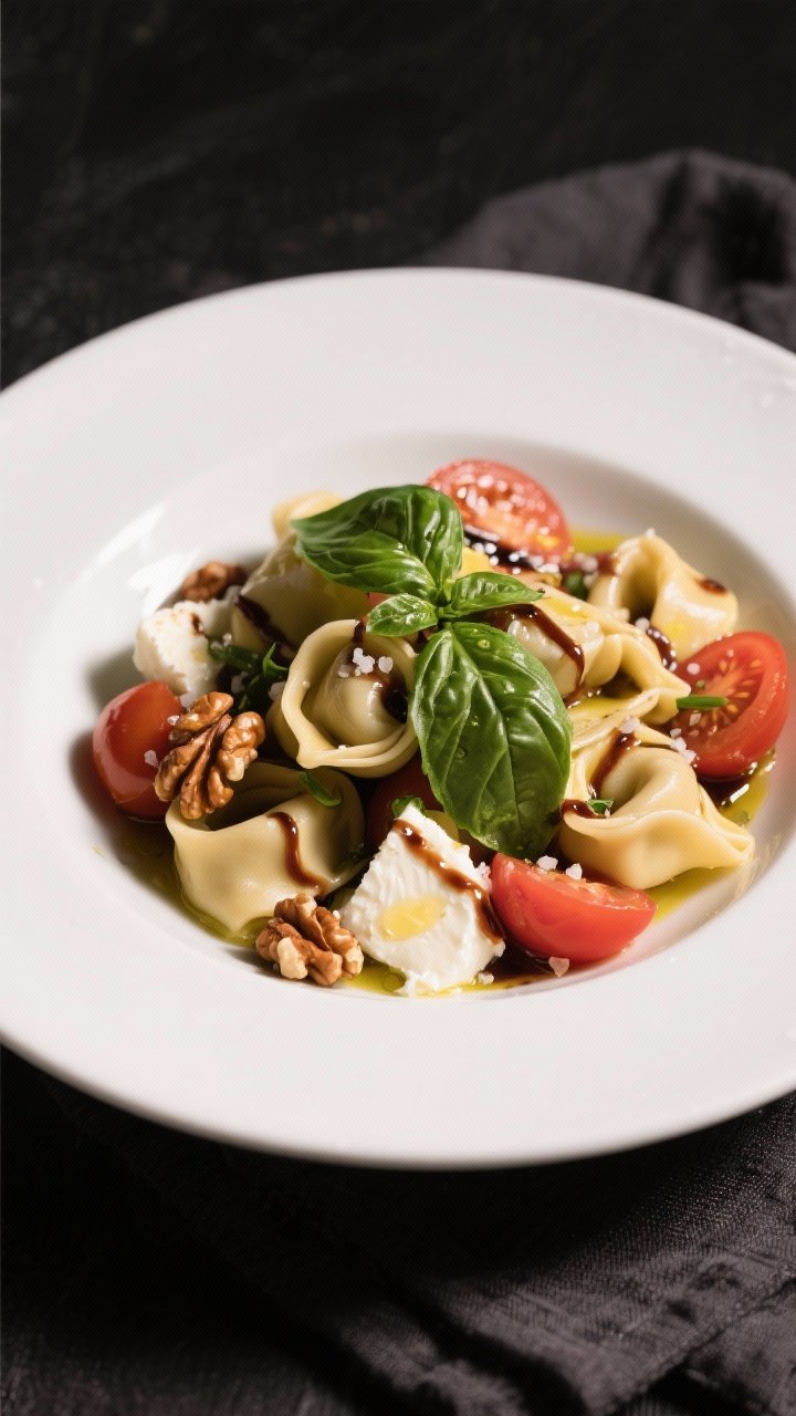 Final plated dish: Restaurant-quality presentation of Tortellini Caprese Salad served slightly warm 