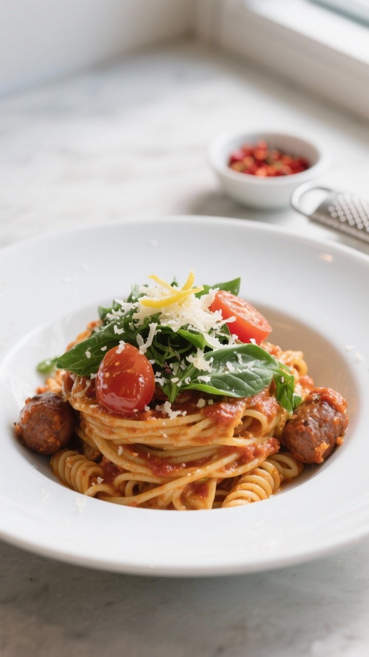 Final plated dish — restaurant-style presentation: Beautifully plated Tomato Spinach Sausage Pasta