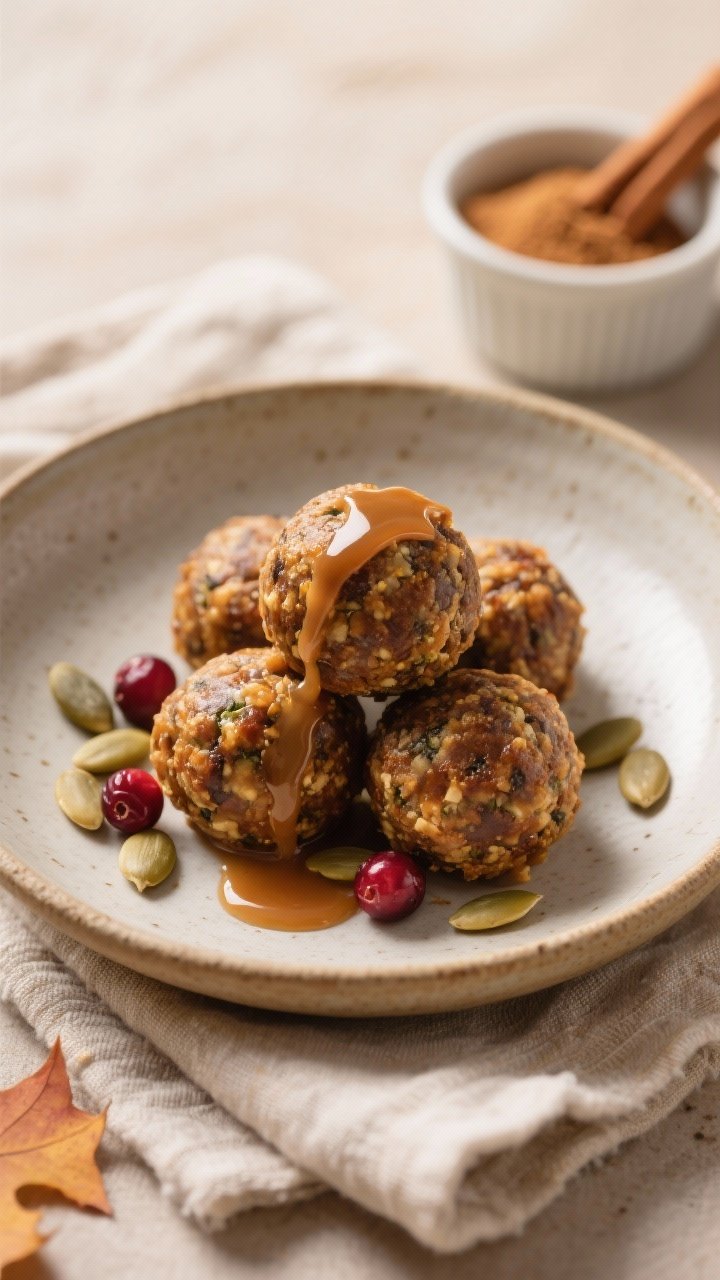 Final plated hero: Beautifully presented Harvest Spice Energy Balls stacked in a shallow ceramic bow
