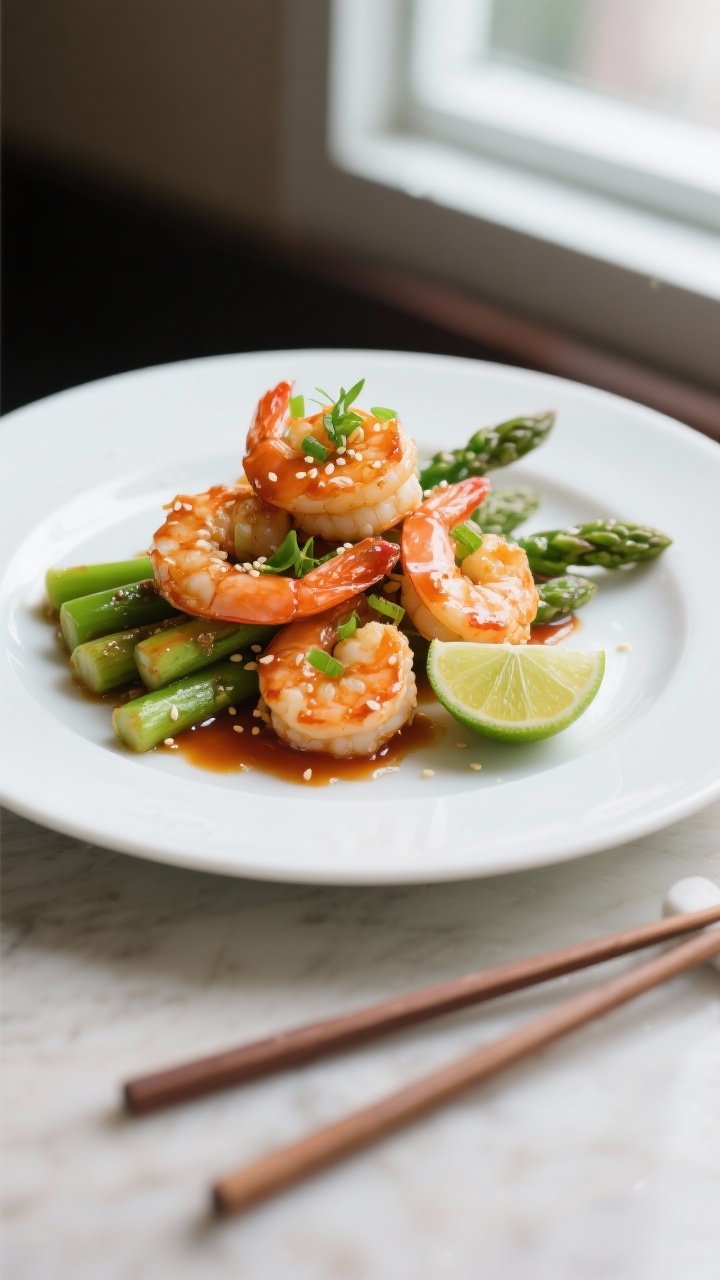 Final plated hero, restaurant-style: Beautifully plated Sweet Chili Shrimp with Asparagus (no rice)