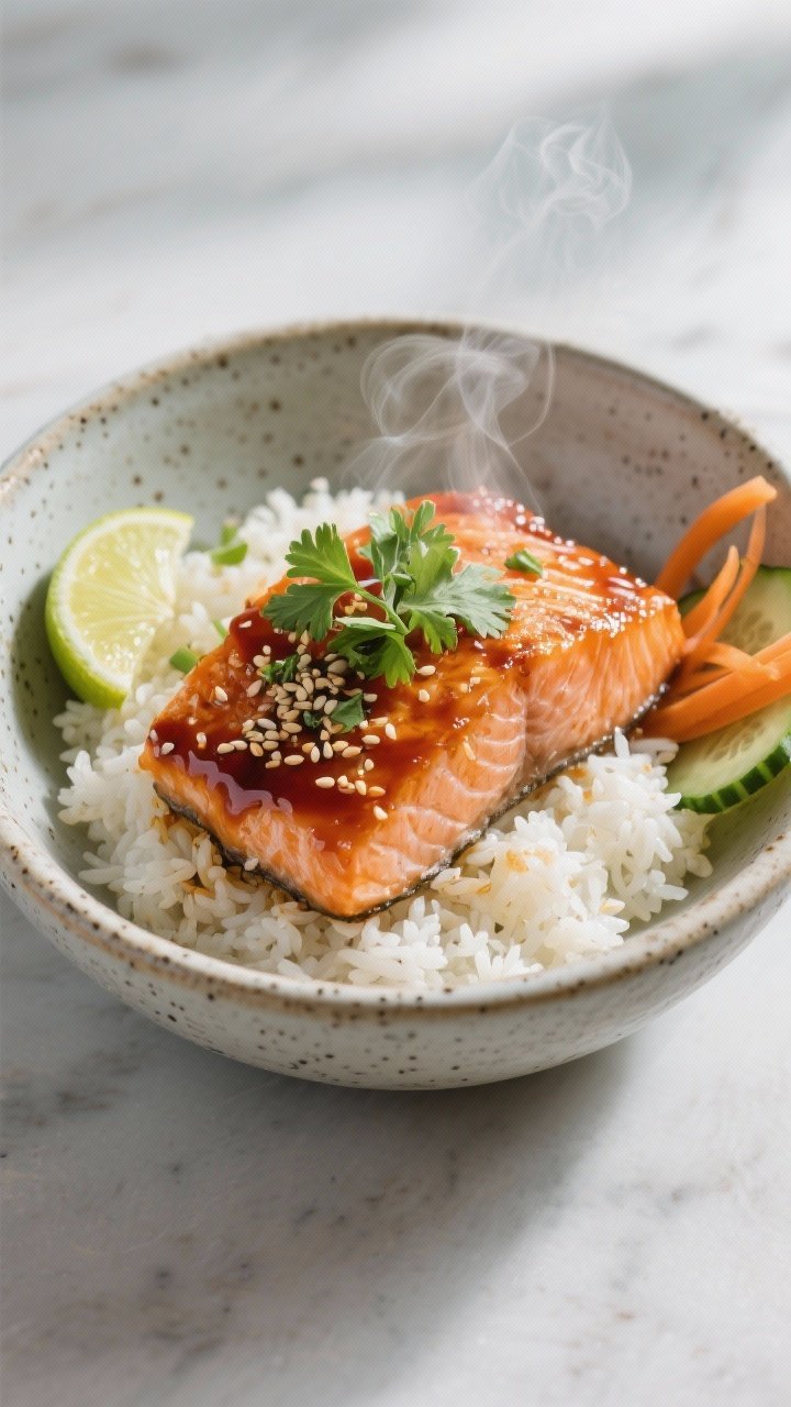 Final plated hero: Restaurant-style presentation of spicy salmon over a bed of coconut jasmine rice 
