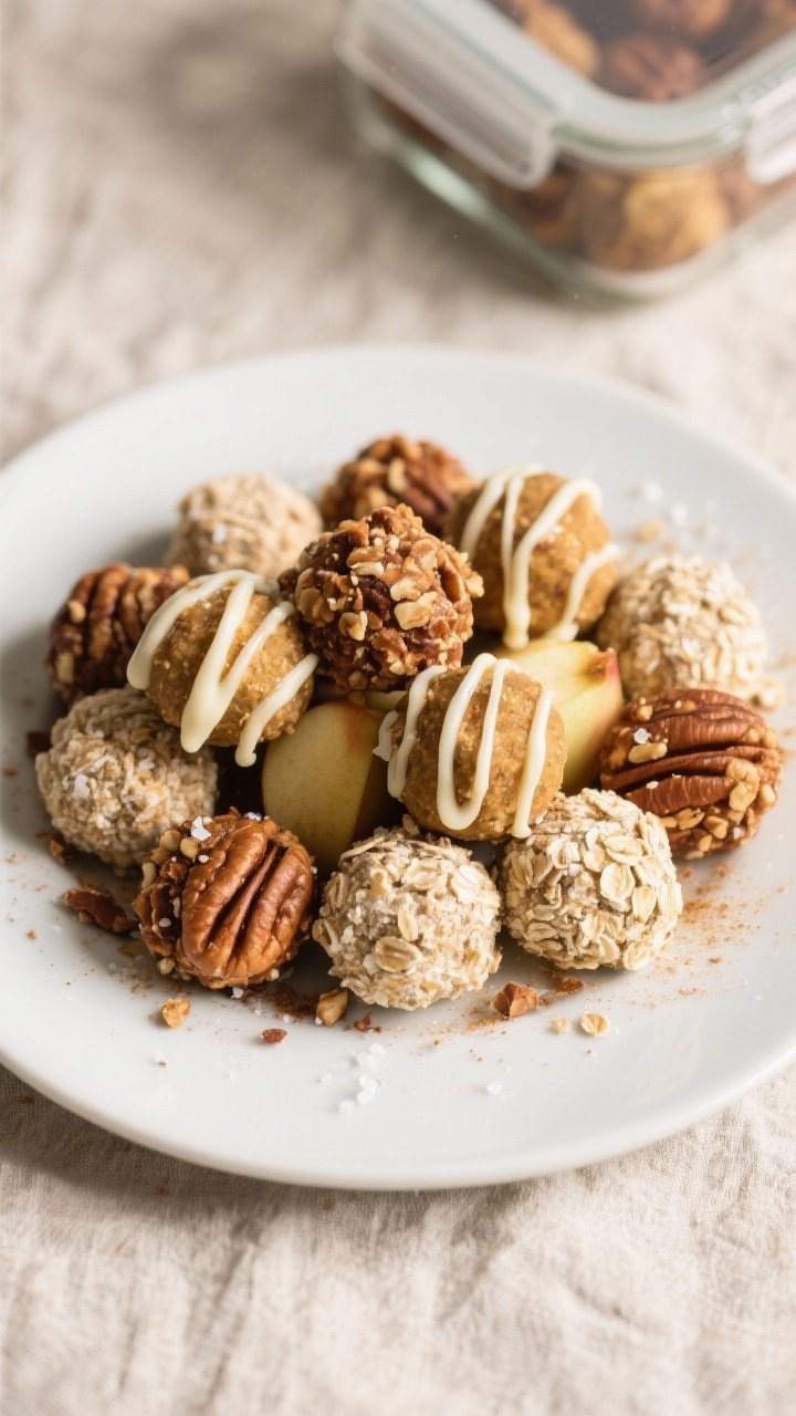 Final plated hero shot: A neat pile of Apple Cinnamon Energy Balls (16–20) arranged on a matte whi