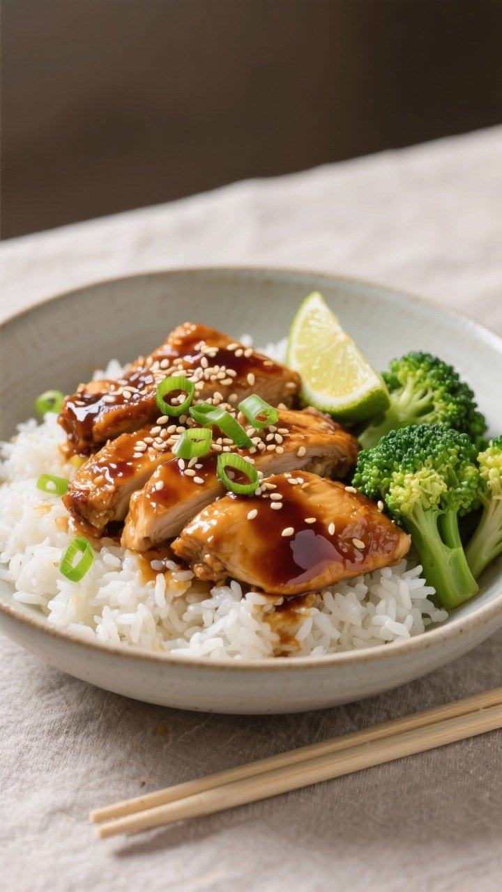 Final plated hero shot: Restaurant-quality presentation of teriyaki chicken over steamed jasmine ric