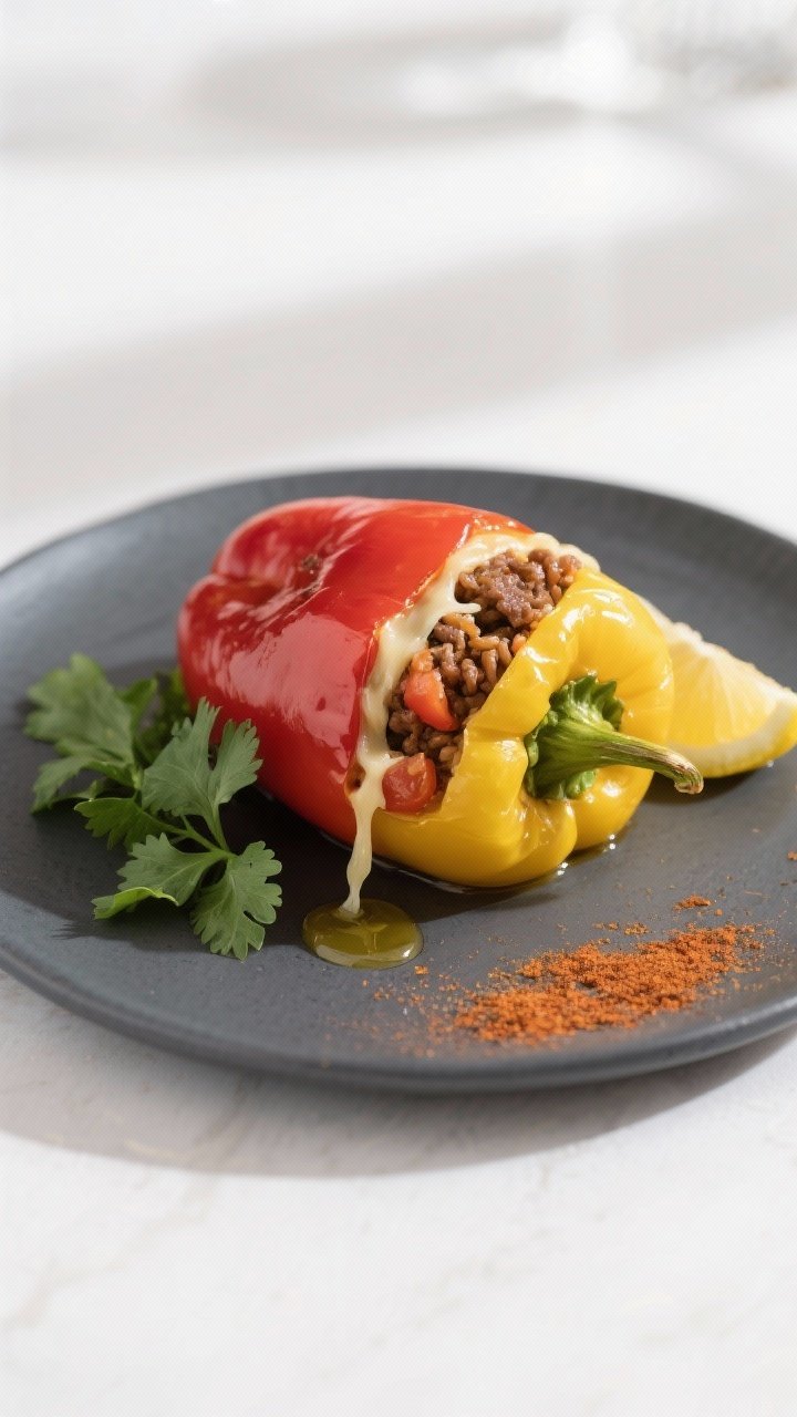 Final plated presentation: A single stuffed bell pepper (half red, half yellow tones) plated on a ma