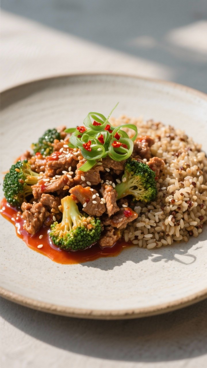 Final plated, restaurant-quality presentation: Beautifully plated Sweet and Spicy Ground Turkey & Br