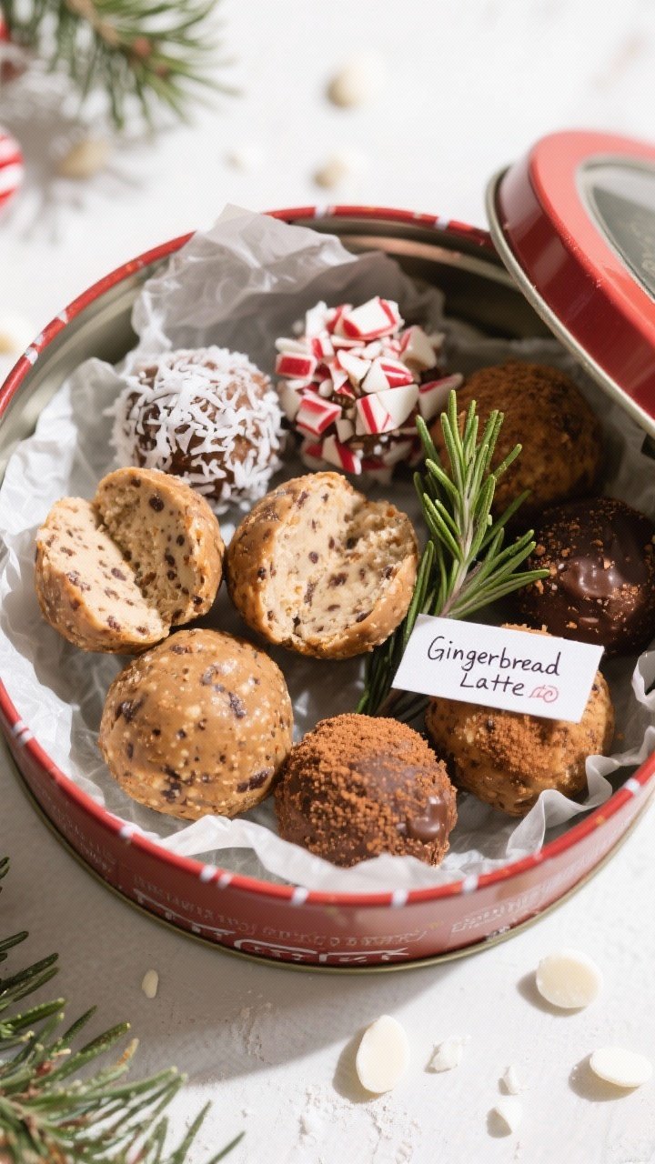 Final presentation: Beautifully arranged assortment of the protein balls in a festive metal cookie t