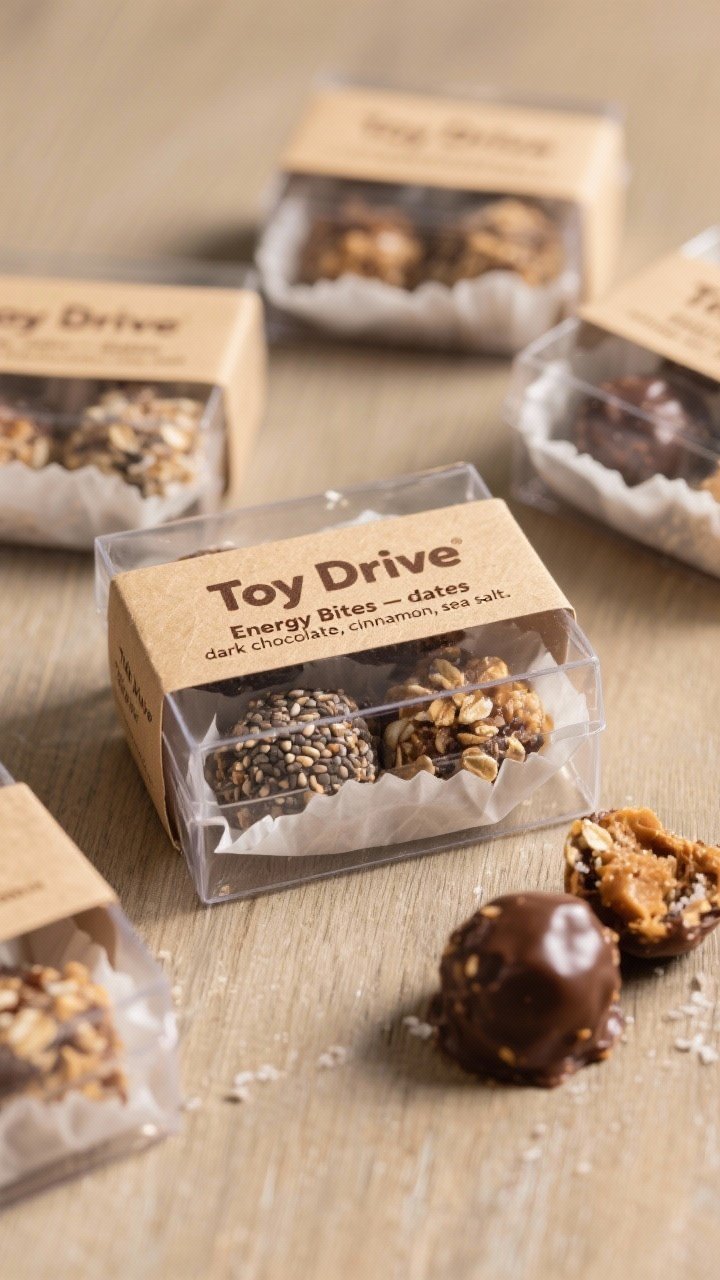 Final presentation: Beautifully packaged Toy Drive Energy Bites for donation—3–4 finished bites 