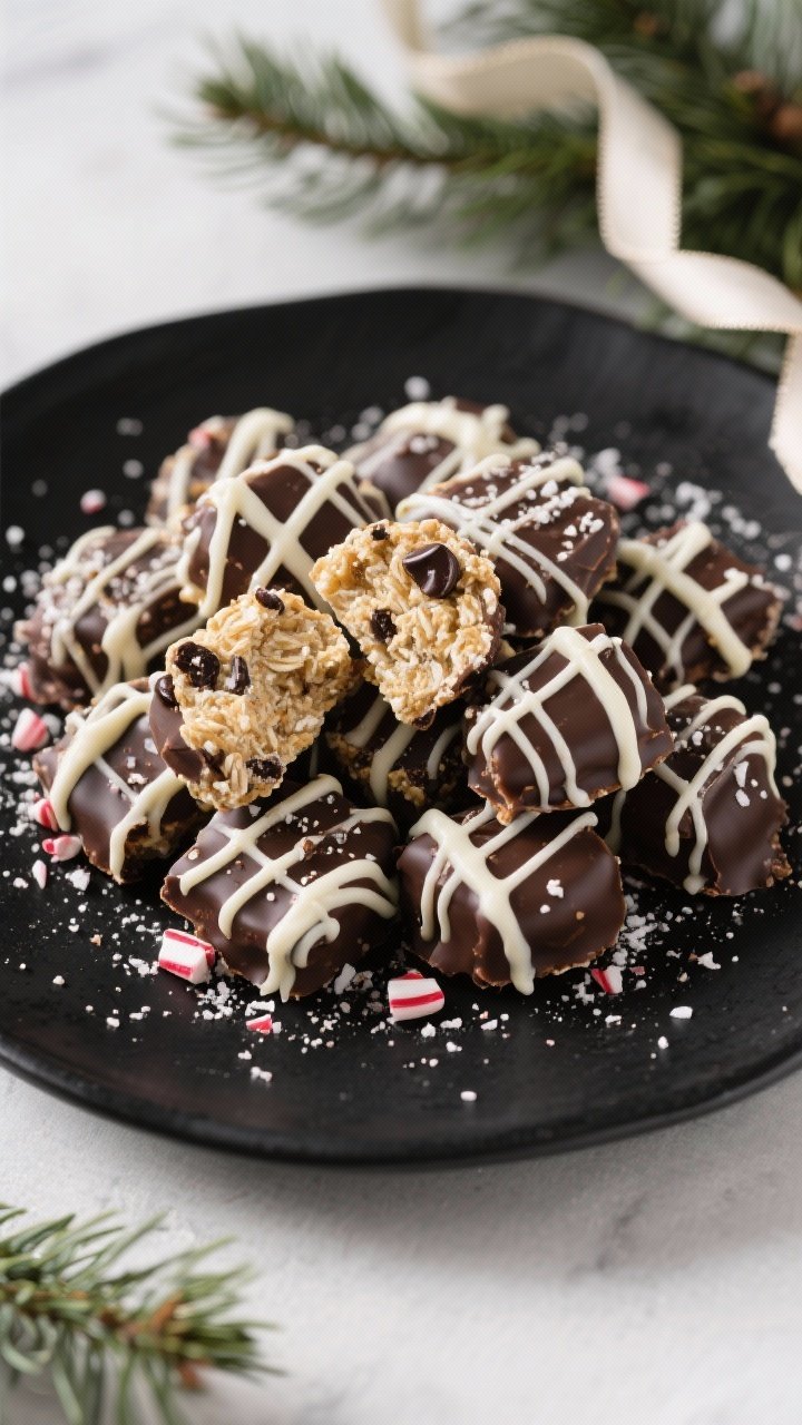 Final presentation: Beautifully plated peppermint bark protein bites piled on a matte black platter 