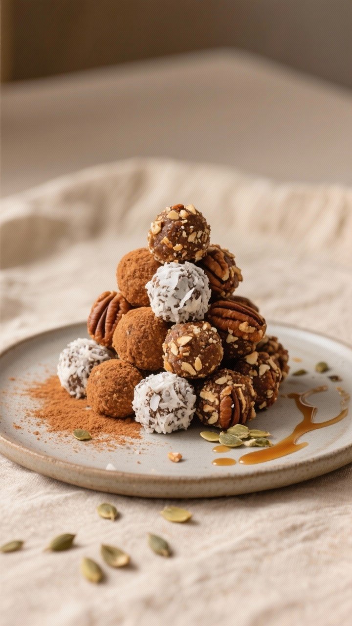 Final presentation: Beautifully plated Thanksgiving Spice Mix Energy Bites arranged in a neat pyrami