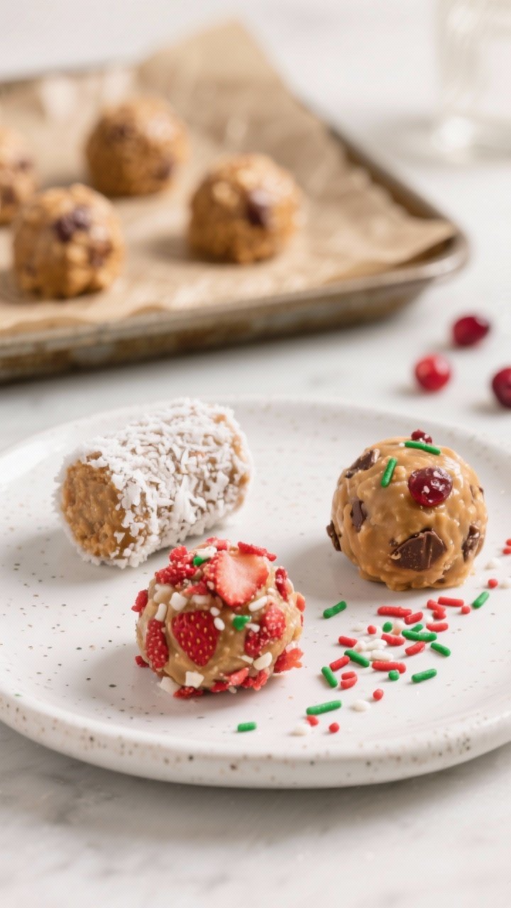Final presentation: Beautifully plated trio of finished energy bites on a small white stoneware plat