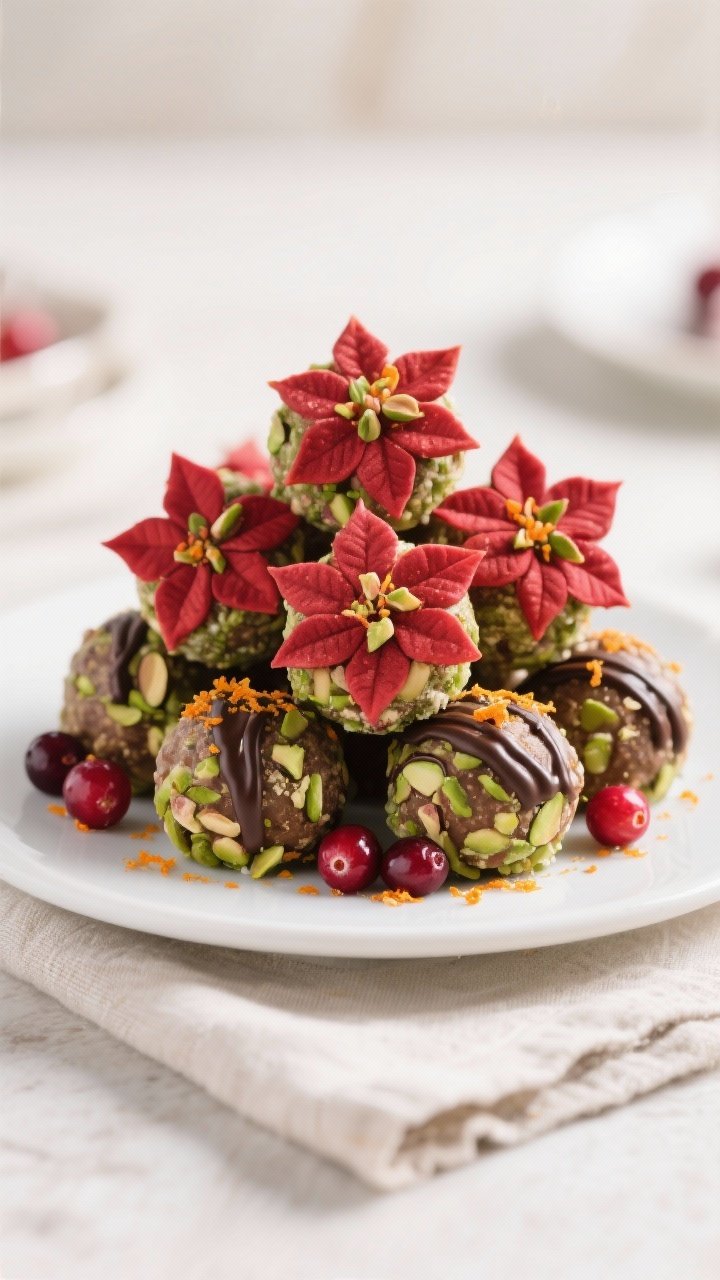 Final presentation beauty shot: A holiday-ready platter of chilled Poinsettia Protein Balls stacked 