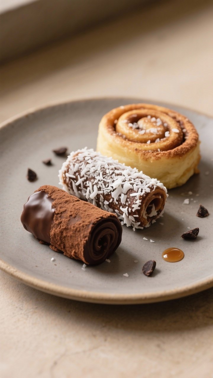 Final presentation, café-style: Beautifully plated trio of variations—Chocolate Truffle (rolled i