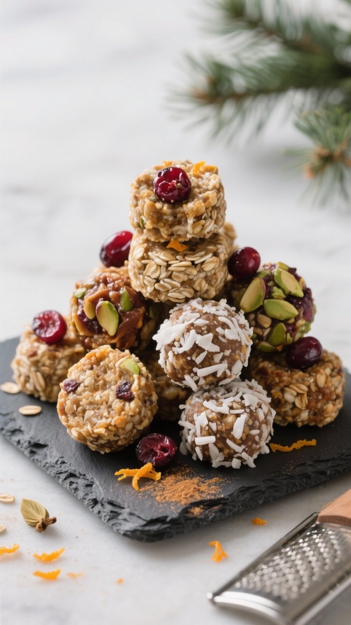 Final presentation hero shot: a small mountain of energy bites stacked on a slate board, showcasing 