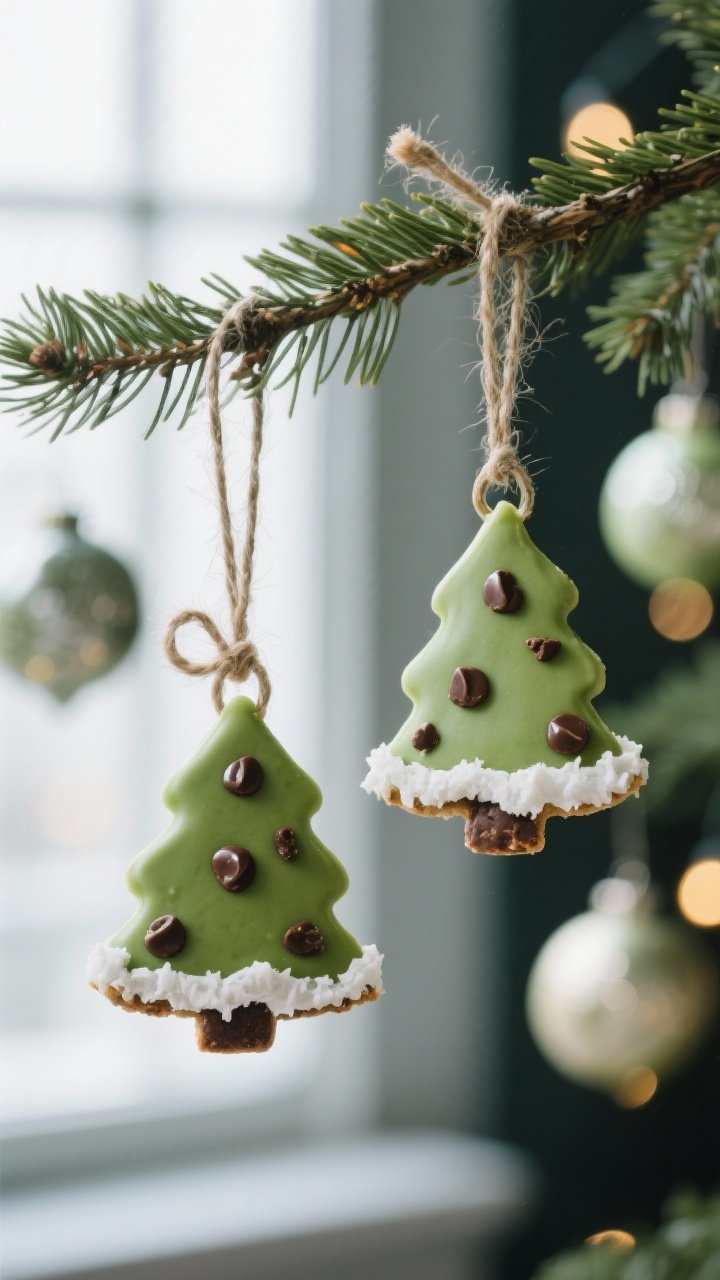 Final presentation hero shot of finished edible ornaments hanging on a simple evergreen branch, no t