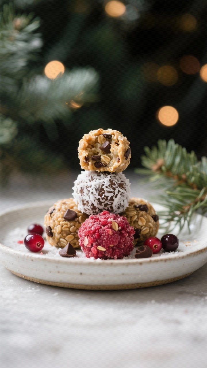 Final presentation shot: Beautifully plated Christmas Eve Energy Bites stacked in a low rustic bowl 
