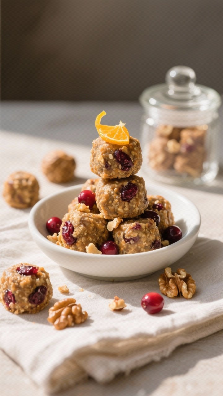 Final presentation shot: Beautifully plated Cranberry Orange Protein Bites stacked in a small pyrami