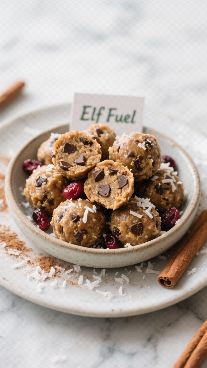 Final presentation shot: beautifully plated Elf Energy Balls arranged in a low ceramic bowl, piled h