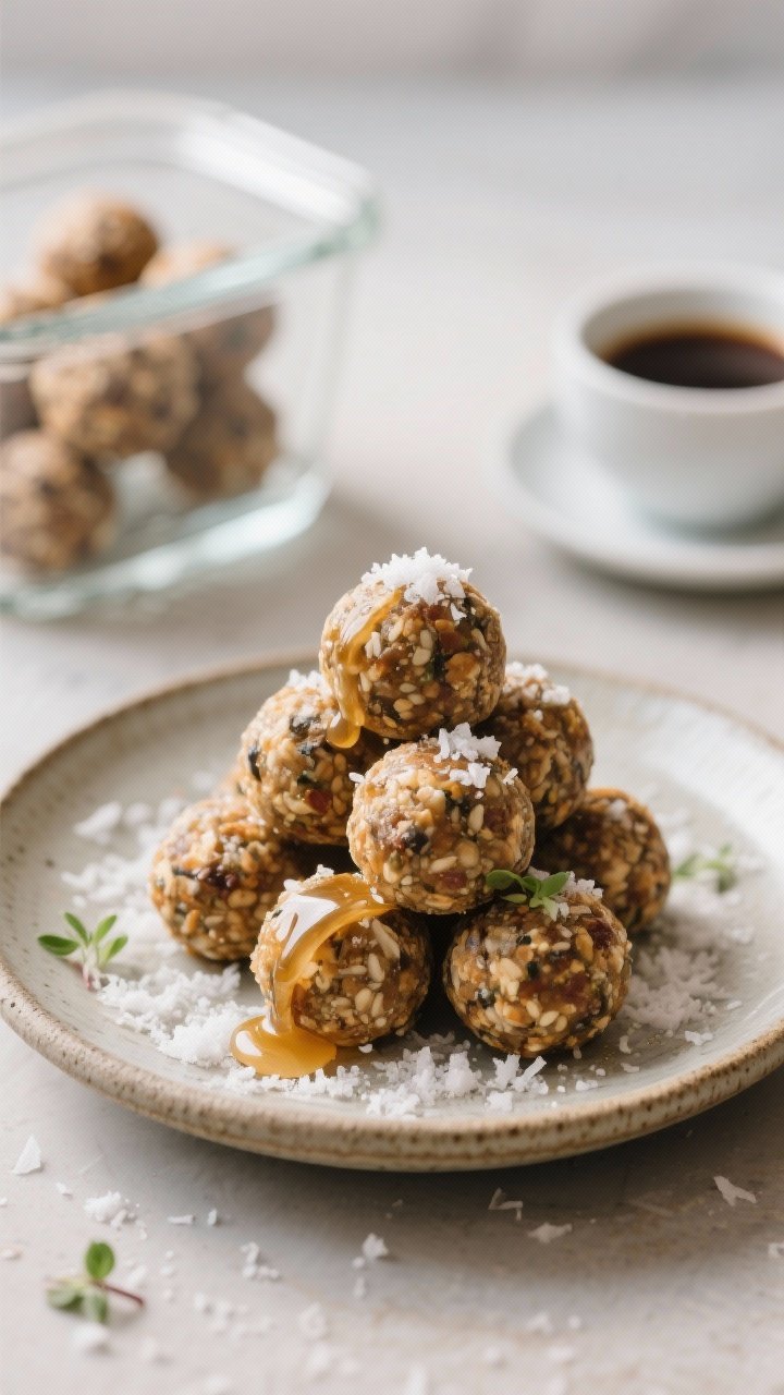 Final presentation shot: beautifully plated energy balls served as a grab-and-go snack plate. Rustic