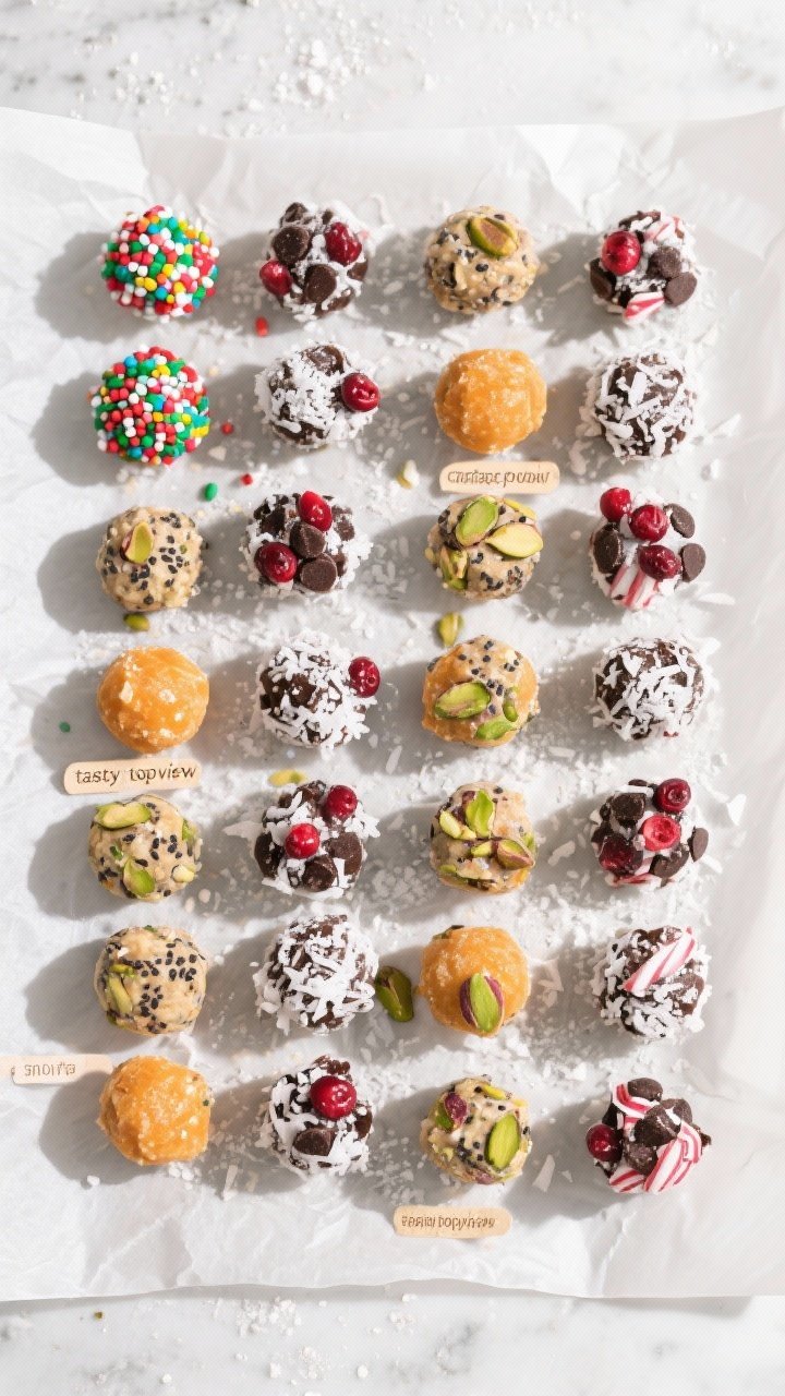 Overhead “tasty top view”: A neat grid of 16–20 finished Holly Jolly Protein Balls on a parchm