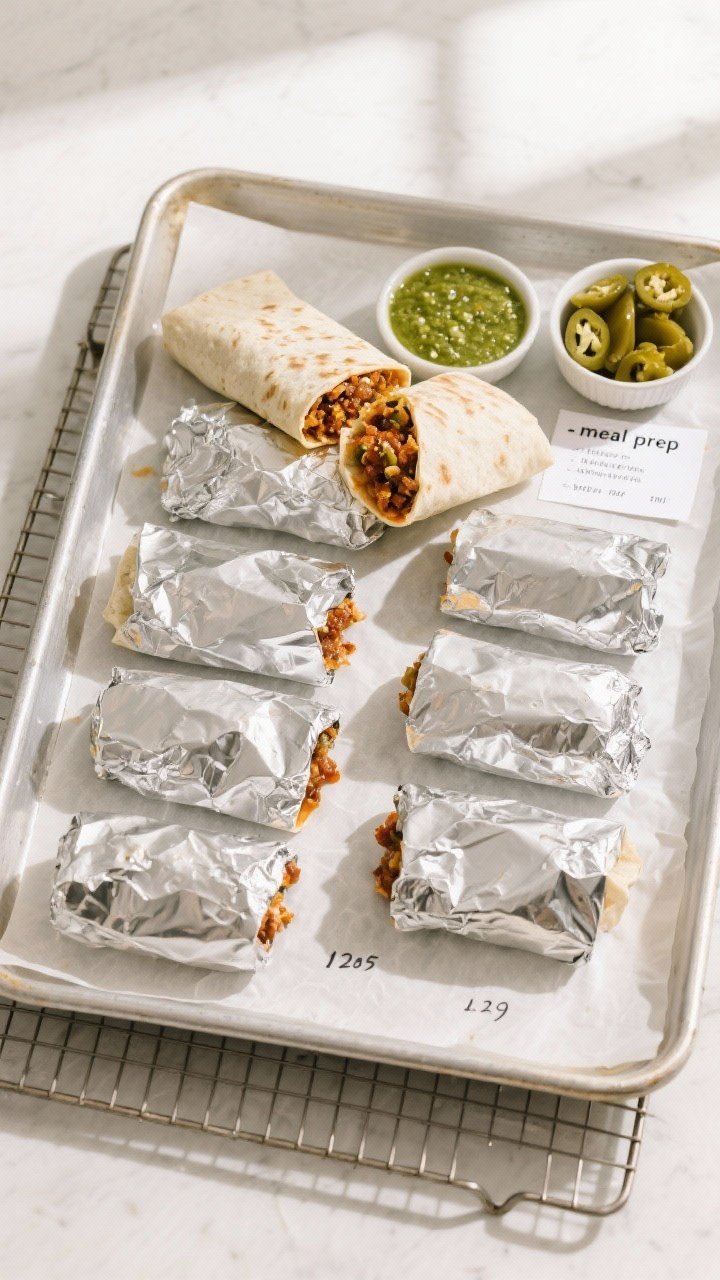 Overhead “meal prep” scene: Ten assembled and fully cooled burritos wrapped snugly in parchment 