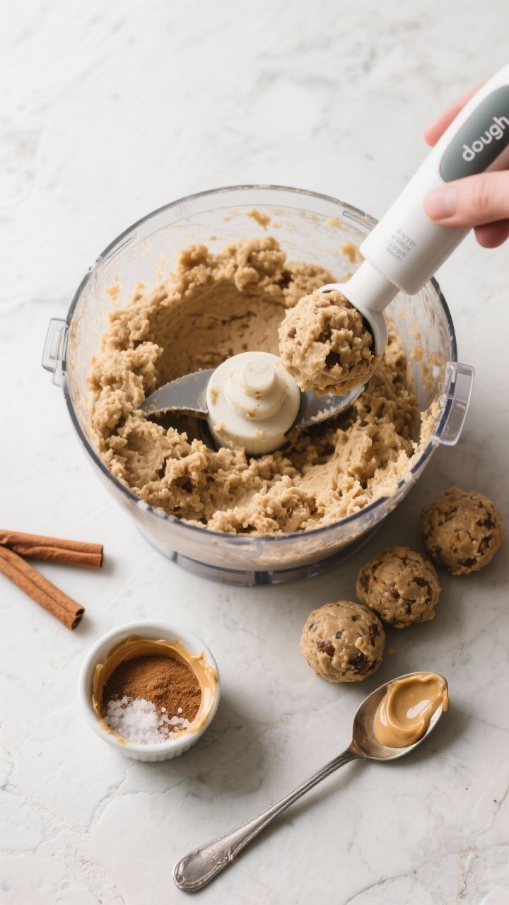 Overhead process shot: Food processor bowl filled with the finished, clumped “dough” for Apple C