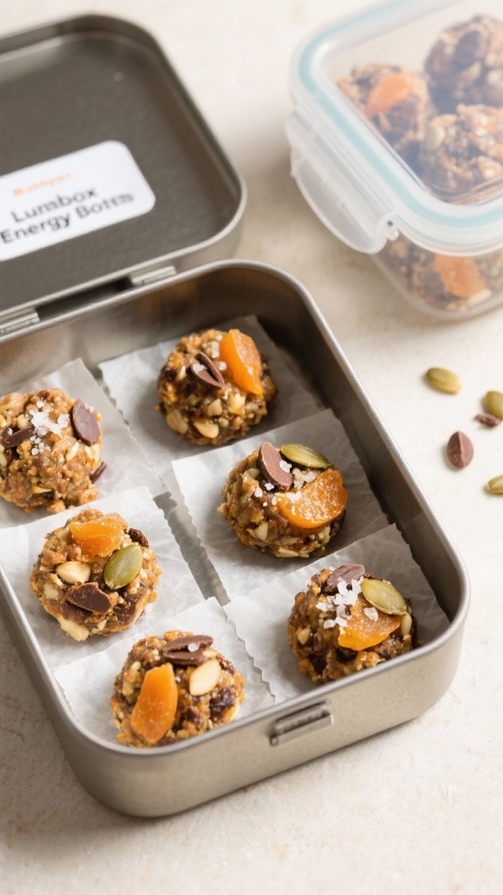 Overhead tasty top view: a lunchbox scene with 6–8 finished Lunchbox Energy Bites arranged in parc