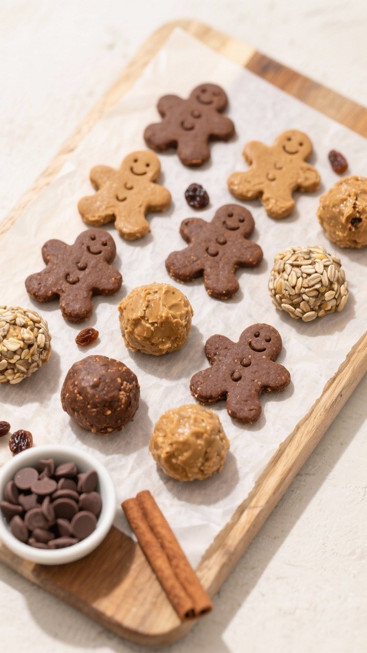 Overhead tasty top view: A parchment-lined board filled with assorted sizes of gingerbread man energ